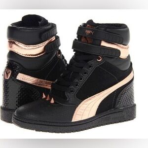 Puma Women's Black and Rose Gold High-Top Sneakers